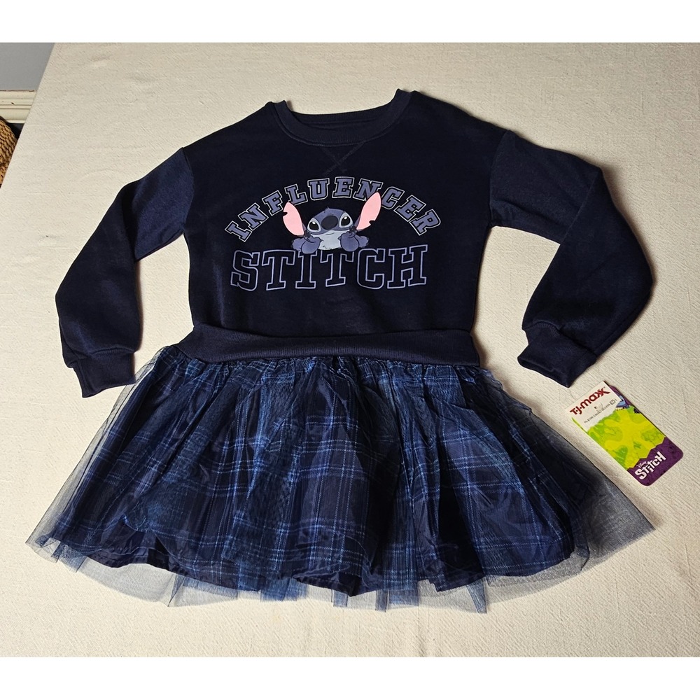 Disney Stitch Girls Navy Blue Long Sleeve Tutu Plaid Skirt Dress Size 4/5 NWT